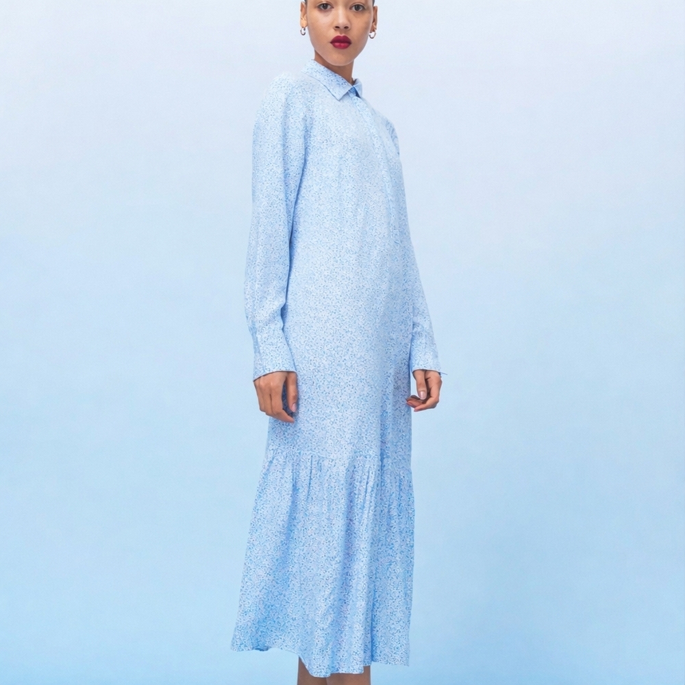 H&M Blue Floral Midi Dress Viscose Collared Long Sleeve Shirt Dress M - Picture 3 of 17